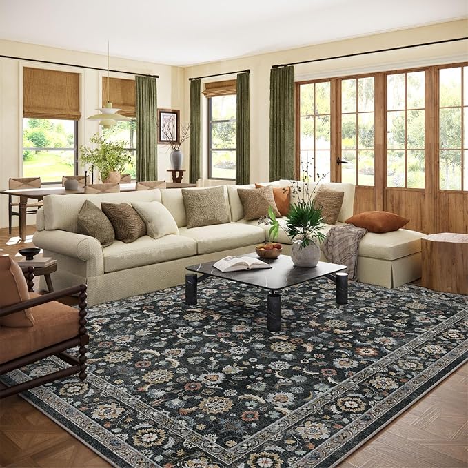 Washable Area Rugs for Living Room: 8x10 Bedroom Rug Vintage Boho Area Rug Stain Resistant Non Slip Low Pile Lightweight Soft Carpets for Living Room Dining Room Kitchen Nursery Kids Room Farmhouse
