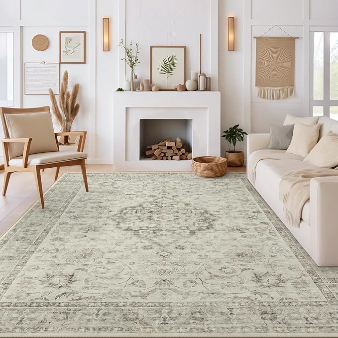 LIVEBOX Washable Area Rug 9x12 Rugs for Living Room Bedroom, Non-Slip Boho Indoor Carpet for Dining Room Office, Low-Pile Farmhouse Soft Carpets for Kids Nursery Room Playroom, Taupe