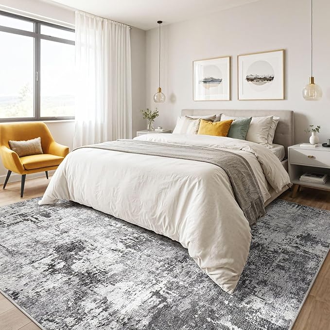 Large Area Rugs 12x15 Living Room: Washable Large Abstract Modern Soft Stain Resistant Indoor Floor Rugs Non-Slip Accent Carpet for Bedroom Nursery Playroom Office Dining Room Home House- Black Grey