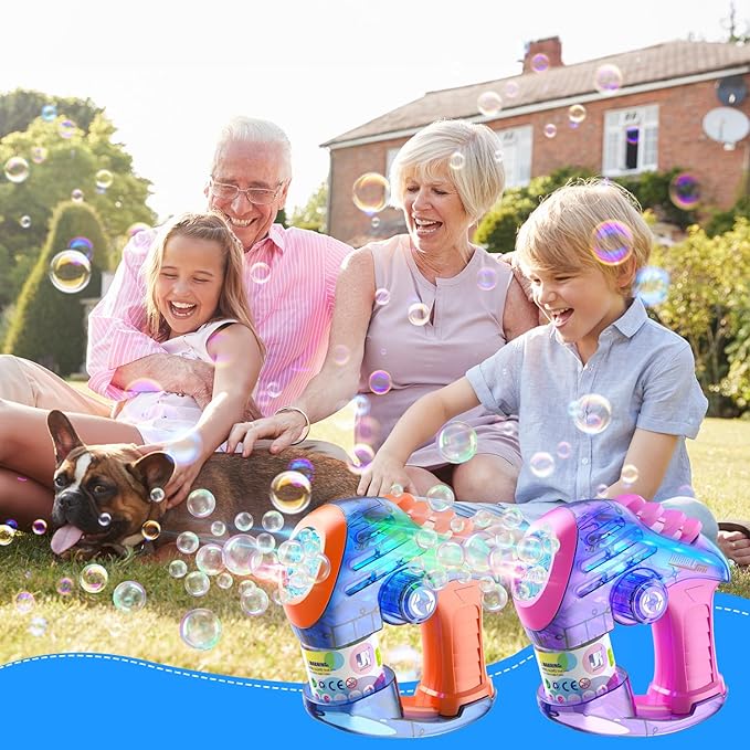 EagleStone 2 Bubble Guns for Toddlers, Kids Bubble Machine Gun, Twist Knob, LED Lights,2 Refill Solutions,10 Concentrate Bubble Blaster for Party Favor, Summer, Outdoor, Easter Basket, Birthday Gift