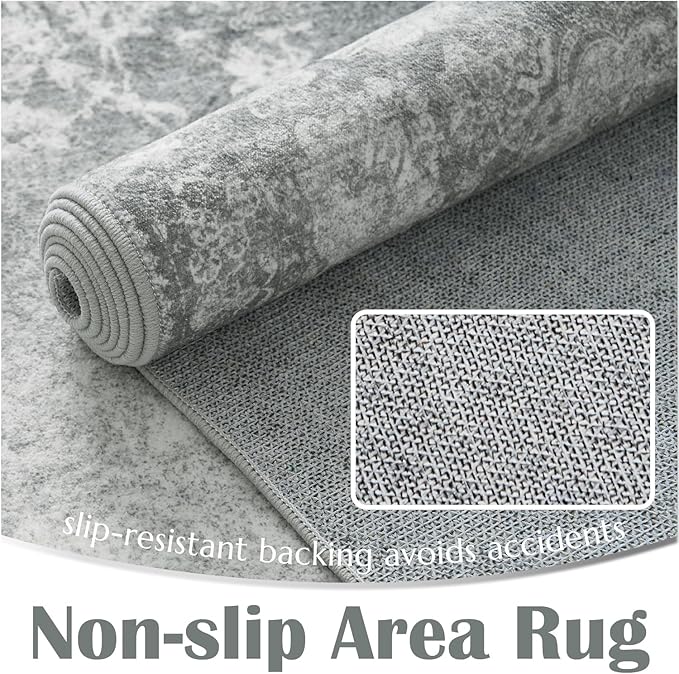 jinchan Vintage Floral 4x6 Area Rugs - Machine Washable Distressed Design Soft Ultra-Thin Low-Pile Non-Slip Carpet for Entryway Kitchen Bedroom Nursery Living Room Dining Room (4x6ft,Grey)