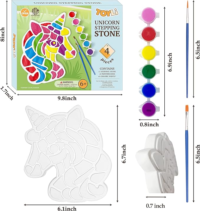 TOYLI Unicorn Painting Kit for Kids, Art Set, DIY Project, Stepping Stone Kit, Includes 2 Brushes and 6 Paints, Mess-Free Arts and Crafts