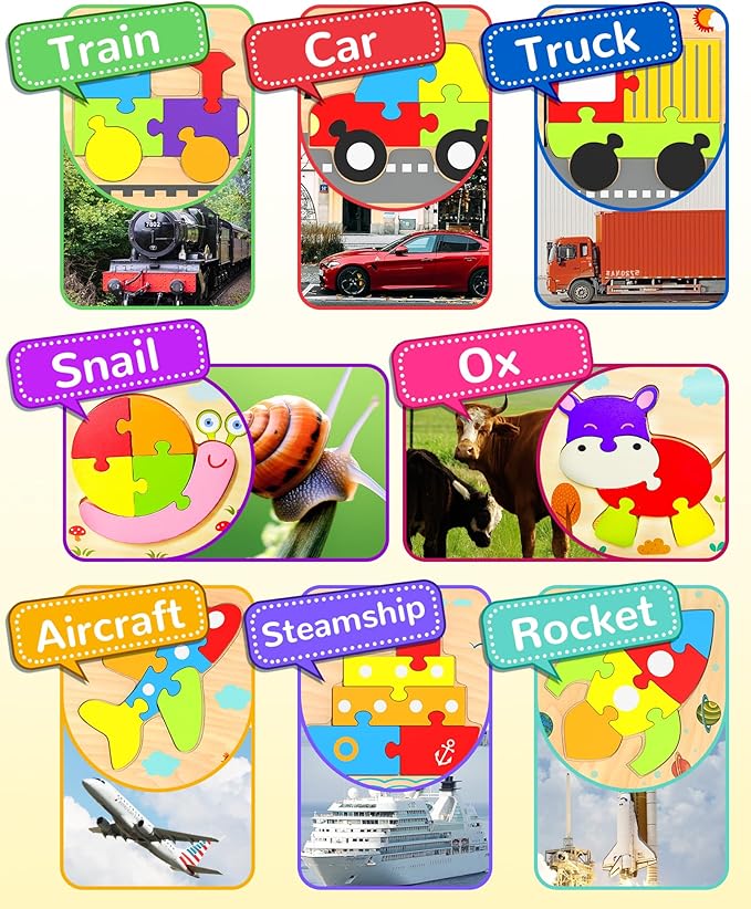 Yetonamr Wooden Toddler Puzzles Gifts Toys for 1 2 3 Years Old Boys Girls, 8 Vehicle Shape Montessori Toy Educational Blocks Kids Toys Gift Baby Learning Toy Age 1-3, 2-4