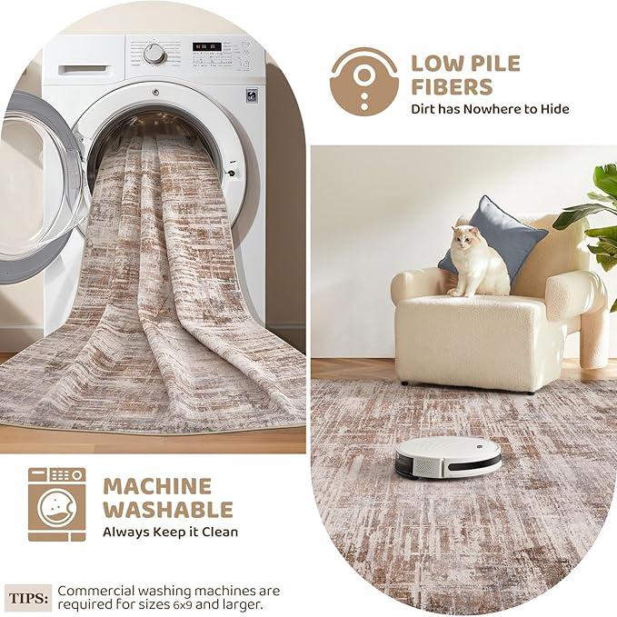 Area Rug for Living Room: 10x14 Washable Neutral Abstract Modern Soft Rugs Non Slip Indoor Floor Stain Resistant Large Carpet for Bedroom Dining Room Office Nursery - Red Brown