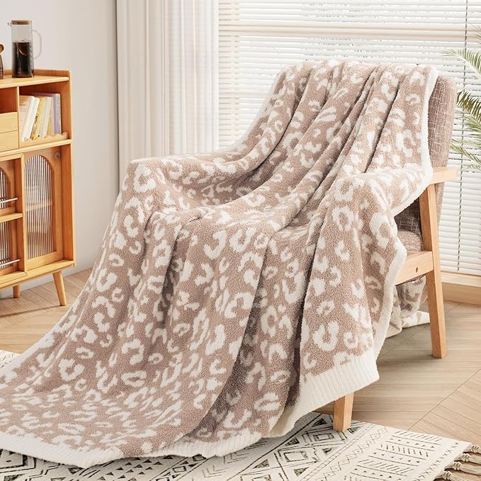 NEXHOME PRO Leopard Soft Blanket, Fuzzy Throw Blanket for Couch Bed Sofa Picnic, Knit Blankets for Women Gifts Beige 50 x 60 inches
