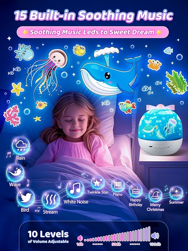 PIKOY Kids Toys for Girls Gifts, 15 Films Light Projector for Girls Toys Age 6-8, 15 Soothing Music for Kids Toys 0-10,Star+Unicorn+Princess+Mermaid Projector Toddler Girl Toys, 1 Year Old Girl Gifts