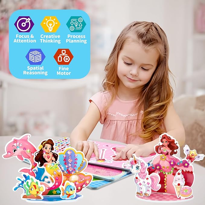 Stickers for Kids, Gem Stickers Kit, Travel Toys for Girls, 600+Sticker, DIY Scrapbooking Activity, 5 Princess Theme Diamond Art Kits for Kids Christmas Birthday Gifts for Girls Ages 3, 4, 5, 6, 7, 8