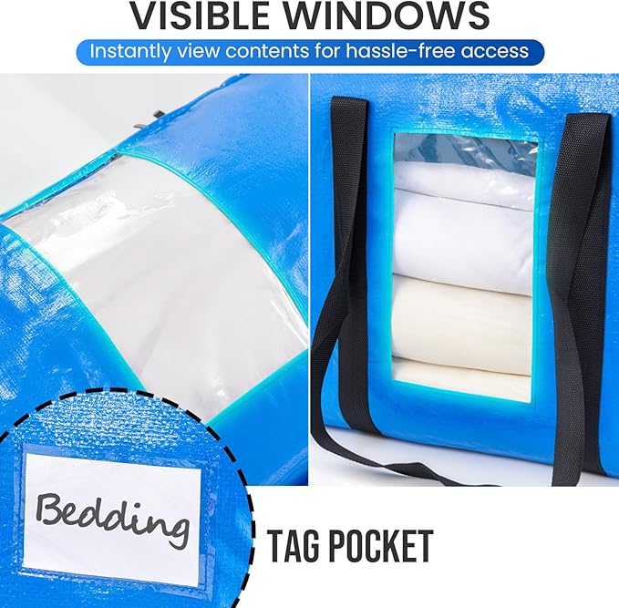 TAILI 2 Tier Extra Large Moving Bags, 2 Pack Blue Heavy Duty Totes For Storage with Visible Window, Wrap Around Handles, Storage Bags for Space Saving, Alternative to Moving Boxes