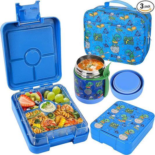 Bento Lunch Box Set With 10oz Soup Thermo, Leak-proof Lunch Containers with 4 Compartment, Kids Hot Thermo Food Jar/Insulation Lunch Bag, Food Containers for School（Dinosaur）