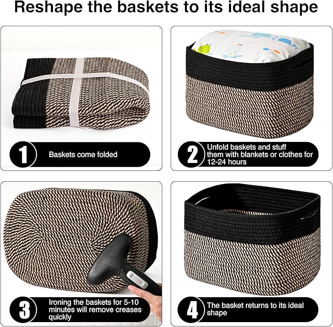 Storage Baskets for Organizing Shelves, Toy Basket for Kid's Room, Woven Cotton Rope Basket for Decor, Organizing Baskets for Bedroom Living Room, 15"x11"x9.5", 3 Packs, Black & Jute