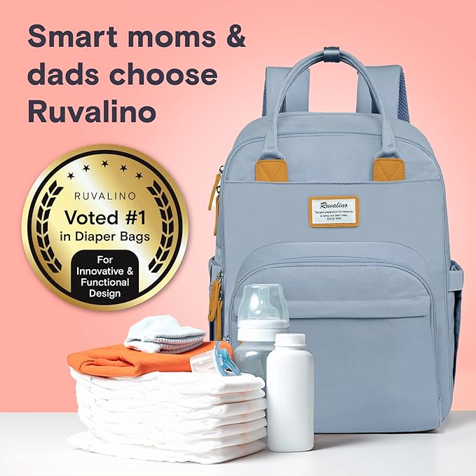 RUVALINO Diaper Bag Backpack-Multifunction Baby Travel Bag with Changing pad, Insulated Bottle Holders & Pacifier Case, Large Capacity, Waterproof, Sky Blue