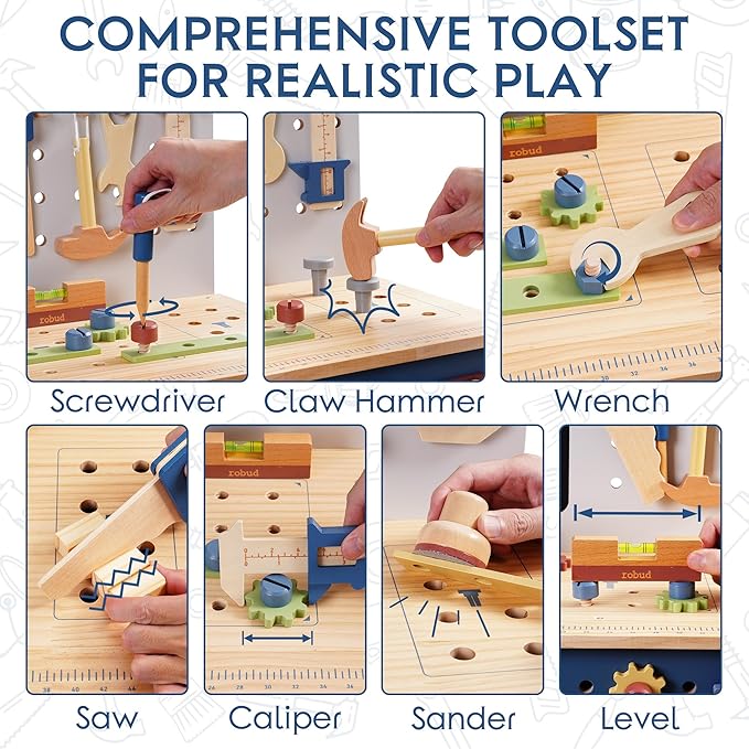 ROBUD Wooden Toy Workbench, Large Kid's Wooden Play Tool, Pretend Play Creative Building Set, Construction Workshop Tool Bench Toys, Gift for Girls & Boys, 3+