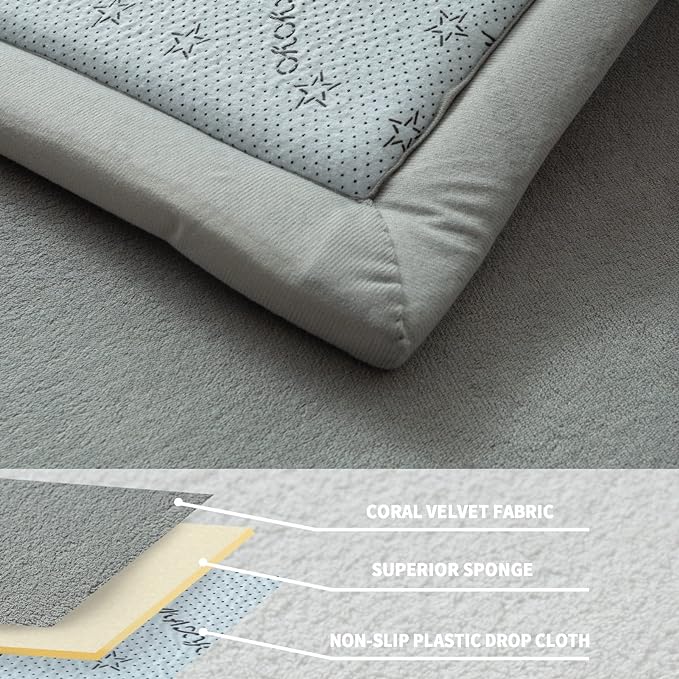 MAXYOYO Grey Coral Velvet Area Rug, Thick Japanese Tatami Mat Living Room Carpet with Non-Slip Backing, Large Solid Color Mat for Bedroom Dormitory Yoga, 78 by 158 inch
