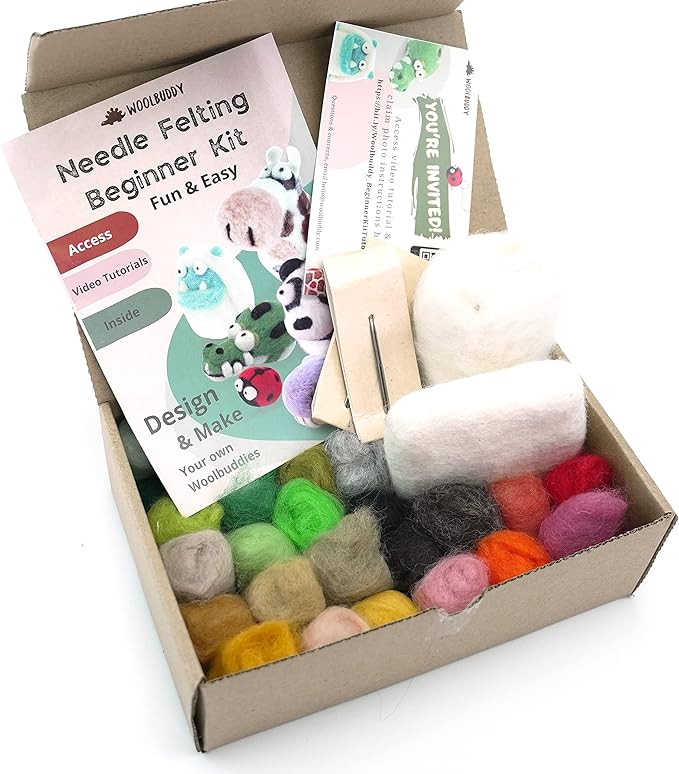 Woolbuddy 𝗡𝗲𝗲𝗱𝗹𝗲 𝗙𝗲𝗹𝘁𝗶𝗻𝗴 𝗦𝘁𝗮𝗿𝘁𝗲𝗿 𝗞𝗶𝘁 𝗳𝗼𝗿 𝗔𝗱𝘂𝗹𝘁𝘀 & 𝗞𝗶𝗱𝘀 – 40 Wool Colors, Core Wool, Felting Supplies, 4 Needles, Pad & Guide – DIY Animal Craft Kit for Creatives