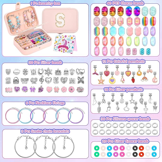 Charm Bracelet Making Kit with Bracelet Organizer Box Beads Mermaid Pendants for Jewelry Making DIY Craft Kit for Birthday Gifts Valentine Christmas
