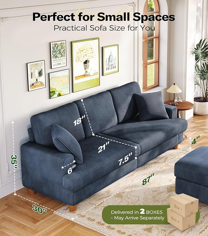 Kidirect 87in Corduroy Couch, Sofa No Tool Assembly, Comfy Couches - Image 2