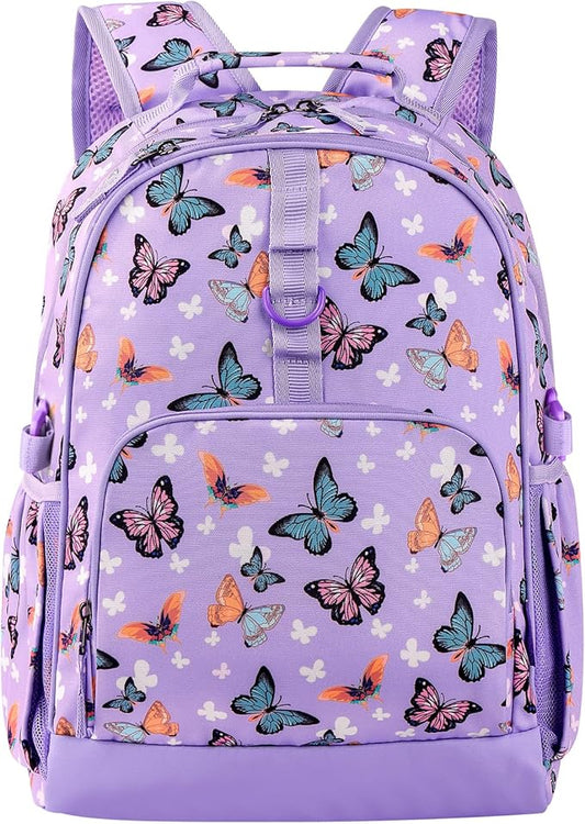 Choco Mocha Butterfly Backpack for Girls, Elementary School Backpack for Girls Ages 6-8 Kids Kindergarten Backpack Large Bookbag 18 Inch with Chest Strap, Purple