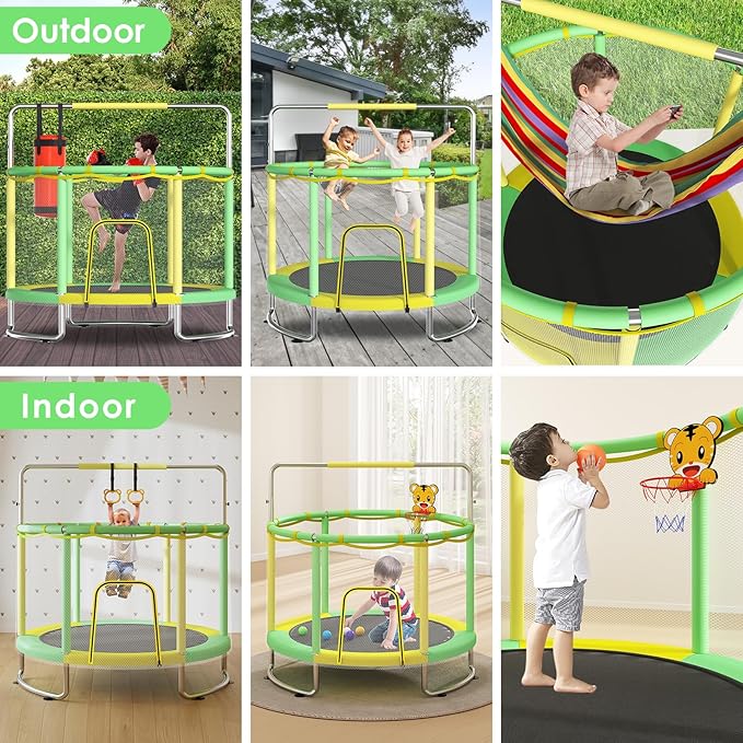 Trampoline for Kids, Upgrade Full Anti-Rust 440lbsToddler Trampoline with Net, Upgraded Ring Legs with Adjustable Gymnastics Bar&Toys, Gifts for Ages 1-8 Boys&Girls