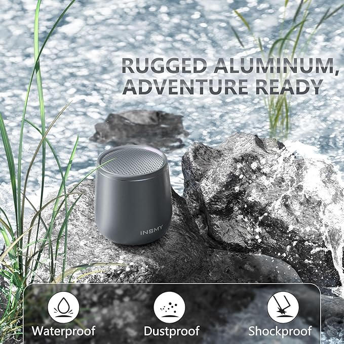 INSMY Small Bluetooth Speaker, Waterproof Mini Portable Wireless Speaker, Punchy Bass Rich Audio Stereo Pairing, Handheld Pocket Size Built in Mic for Hiking Biking Gift Laptop Tablet (Gray)