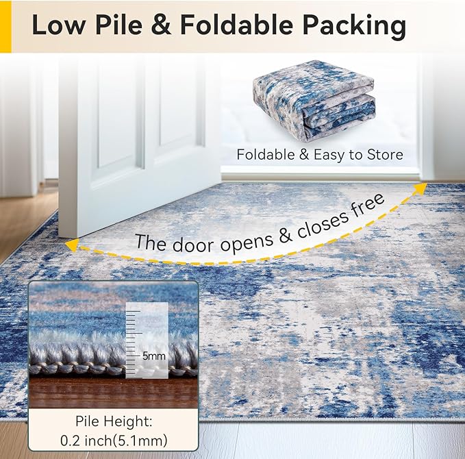Washable Area Rugs 5'x7' Non-Slip Modern Abstract Soft for Living Room Entryway Bedroom Nursery, Print Pattern, Blue Grey Navy Gray