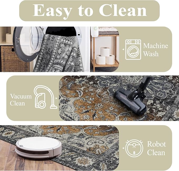 Washable Area Rugs 8x10, Large Rugs for Living Room, Carpet for Bedroom, Soft Faux Wool Retro Dining Room Rug, Non-Slip Backing Resistant Low Pile Vintage Print Rug for Home Office (Tan/Gray)