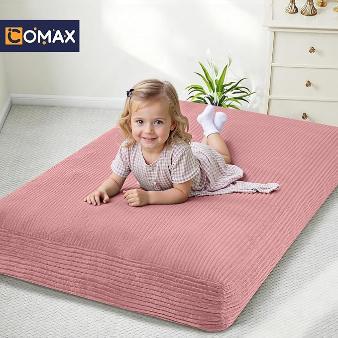 COMAX Kids Bean Bag Chair Turn into Beanbag Bed, Toddler Bean Chair Corduroy for Girl Boy Sleeping, Lazy Children Bean Bags with Filler, Convertible Child Floor Mattress, Light Pink