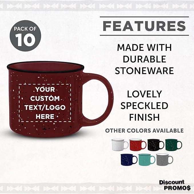 DISCOUNT PROMOS Custom Ceramic Campfire Coffee Mugs 13 oz. Set of 10, Personalized Bulk Pack - Perfect for Tea, Espresso, Cappuccino, Hot Cocoa - Maroon