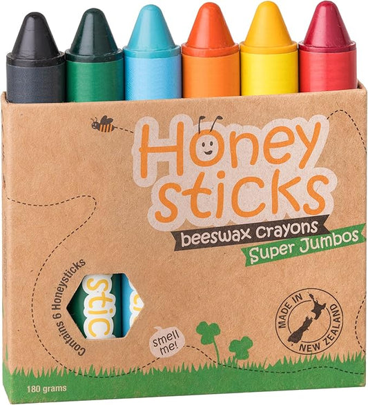 Honeysticks Super Jumbo Crayons (6 Pack) - 100% Pure Beeswax, Non Toxic Crayons for Toddlers 1-3, Extra Large Crayon Size, Easy to Hold and Use, Unbreakable Toddler Crayons, Eco-Friendly