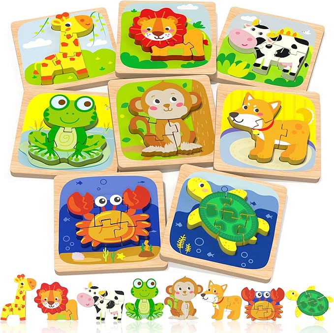 Benresive Wooden Toddler Puzzles, 8pcs Animal Montessori Toys for 1-3 Year Old Boys & Girls, Learning Educational Preschool Toys, Great Gifts for 1 2 3 Year Olds