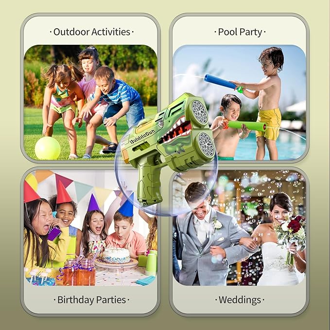 Rechargeable Green Dolphin Bubble Guns for Kids, LED Light Up Bubble Machine Blower with 2 Bottles Bubble Refill Solution for Kids, Bubble Makers Blaster for Toddlers, Summer Wedding Toys Gift