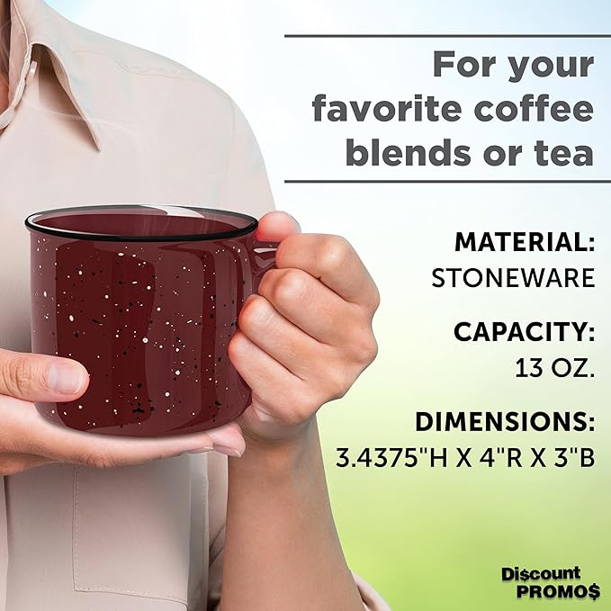 DISCOUNT PROMOS Ceramic Campfire Coffee Mugs 13 oz. Set of 10, Bulk Pack - Perfect for Tea, Espresso, Cappuccino, Hot Cocoa - Maroon