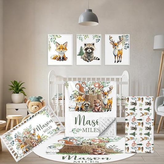 Personalized Baby Bedding Set, 5 Pcs Custom Baby Crib Sets with Name, Toddler Bedding Set for Baby Boys Girls, Forest Animal Double Layer Nursery Bedding Set, Customized Gifts for Infants Kids