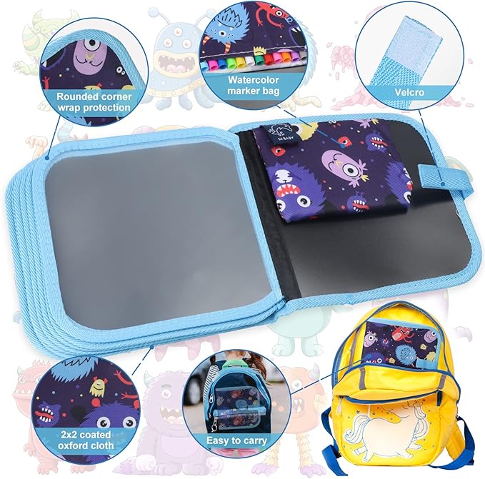 Erasable Doodle Set for Kids - Reusable Magic Drawing Book with 12 Watercolor Pens 14 Page Drawing, Road Trip Car Game Writing Painting Set for Boys and Girls (Monsters)