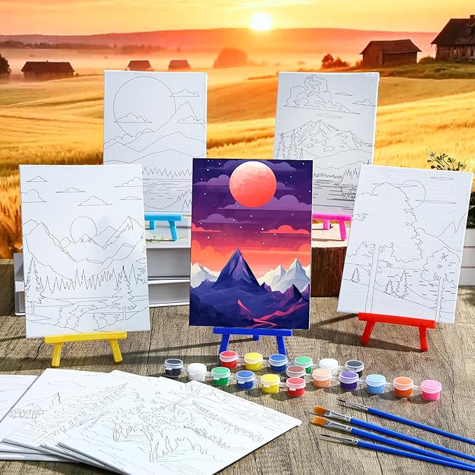 Blosssound 10 Set Pre Printed Canvas Pre Drawn Canvas Painting with Easel Kits 5" x 7" Outline Painting Panels for Beginners, DIY Craft Project, Party Favor, Home Decors(Sunset)