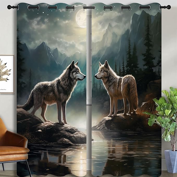 Wolf Blackout Curtains for Boys Girl Bedroom Decor,Moon Mountain Pine Forest Wild Animals Thermal Insulated Grommet Drapes Darkening Window Curtain for Living Room Home 84x84 inch