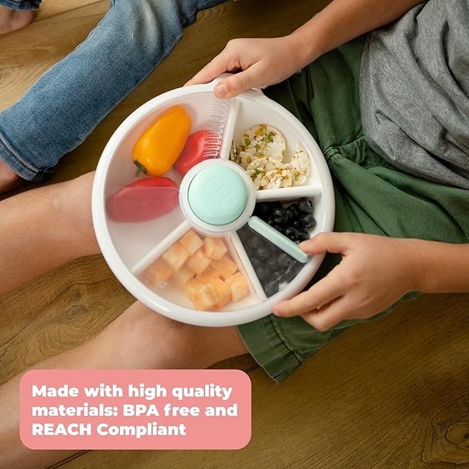 GoBe Kids Large Snack Spinner Slide Bundle with Hand Strap and Sticker Sheet - Reusable Snack Container with 4 Compartment Dispenser and Lid | BPA/PVC Free | Dishwasher Safe | No Spill - Coral Pink