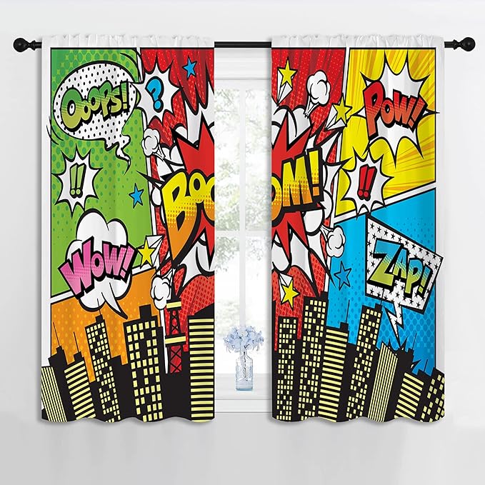 Superhero City Wars Explosion Rod Pocket Blackout Curtains for Boy Girl Bedroom, Colorful Comics Ar Home Energy Efficient Light Filtering Window Curtain for Living Room, 42x63 inch