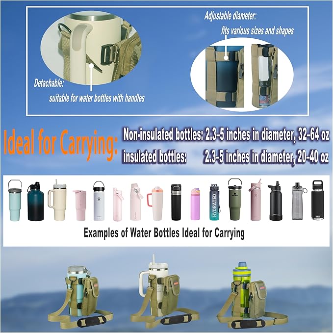 Water Bottle Holder with Strap, Shoulder & Hand Bottle Holder with Phone Pocket – Fits 32-64 oz Sports Bottles & 20-40 oz Insulated Bottles – Durable Sling Bag for Walking, Hiking, Gym