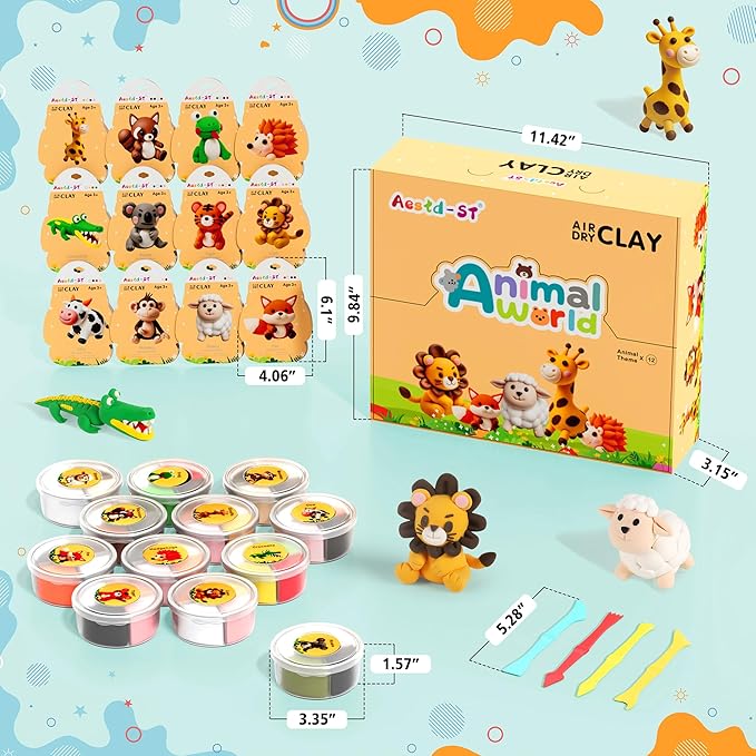 Air Dry Clay Kit - Animal Theme, Modeling Clay for Kids, DIY Model Magic Clay with Sculpting Tools and Tutorials, 12 Boxes Molding Clay, Ultra Light, Soft & Non-Toxic, Arts and Crafts Gift for Kids
