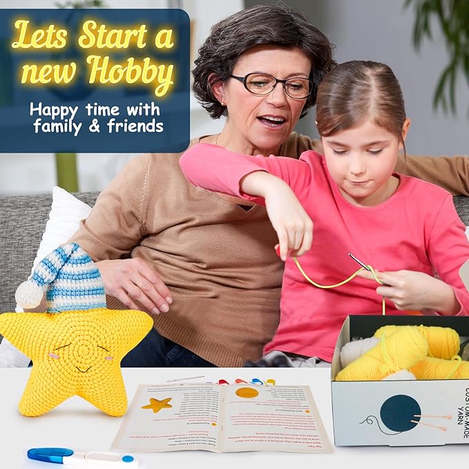 ekaus Crochet Kit for Beginners, Crochet Kit with Step-by-Step Video Tutorials, Crochet DIY Knitting Supplies for Adults Kids, Crochet Star(45%+ Yarn)