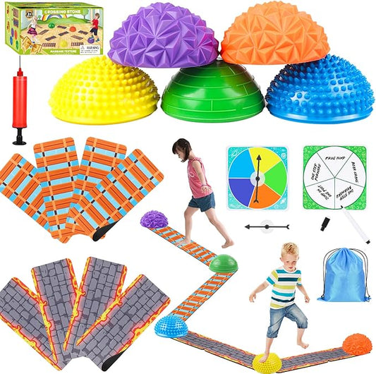 Stepping Stones for Kids, Textured Balance Pods and Adventure Floor Mats Set with Game Spinner for Kids Adults, Obstacle Course Sensory Toys Great for Indoor Outdoor Play Family Fitness Fun