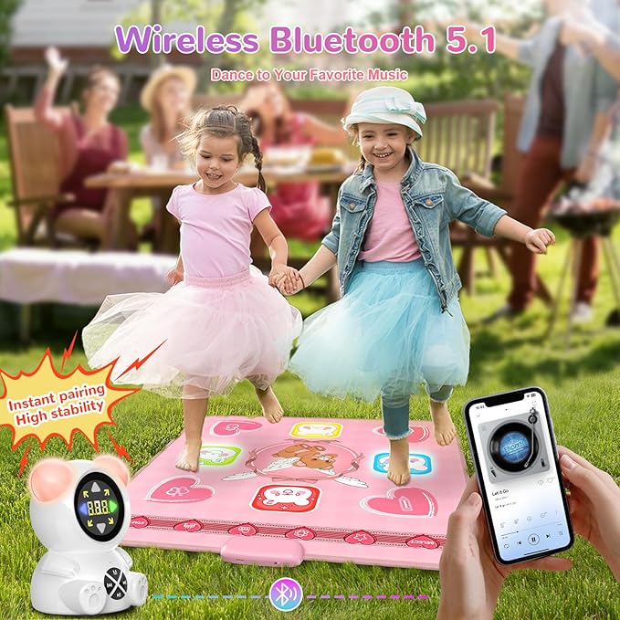 Rechargeable Dance Mat Toys for Girls, Light Up Dance Pad with Wireless Bluetooth, Xmas B-Day Gifts for 3 4 5 6 7 8 9 10 11 12 Years Old Kids (Pink)