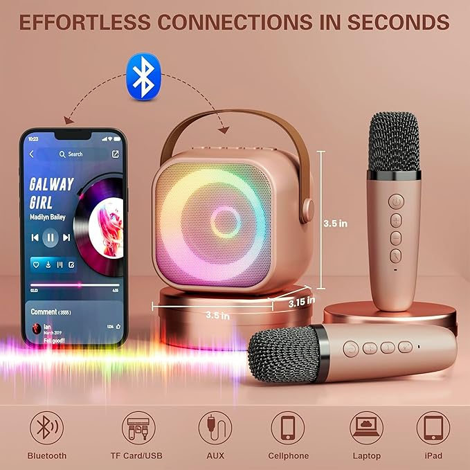 Mini Karaoke Machine, Portable Bluetooth Karaoke Speaker with 2 Wireless Microphones and Party Lights for Kids and Adults, Birthday Gifts for Girls Boys Family Home Party (Rose Gold)