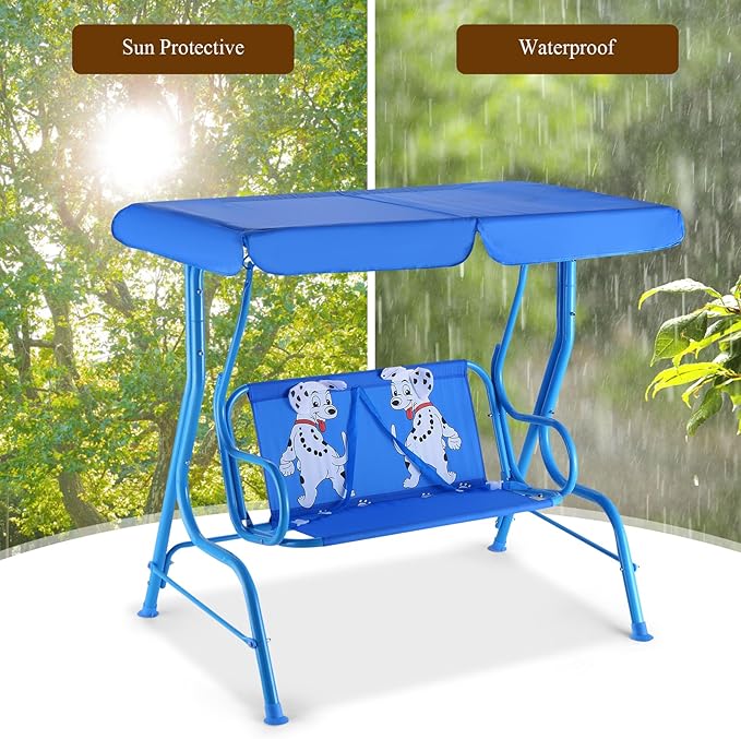 GLACER Porch Swing, Kids Patio Hammock w/Adjustable Canopy & Stand, Safety Belt, 2 Seats Outdoor Swing Bench, Metal Frame Hanging Lounge Chair, Swing Sets for Backyard, Garden, Poolside (Blue Puppy)