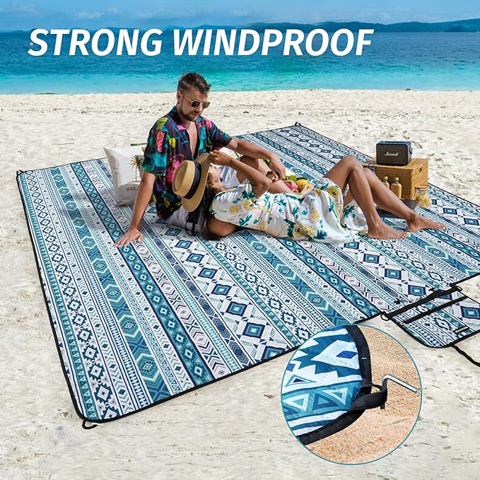 Picnic Blankets Extra Large Outdoor - Beach Blanket Waterproof Sandproof with Shoulder Strap, Machine Washable, Picnic Mat with Stakes for Grass Concert, Park, Lawn,Travel, Spring Summer. Blue