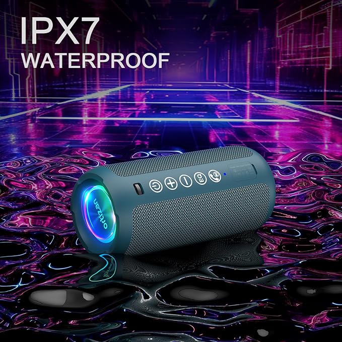 Ortizan Portable Bluetooth Speaker: IPX7 Waterproof, 24W Loud Sound, Deep Bass, Bluetooth 5.3, LED Lights, Wireless Stereo Pairing, 30H Playtime, for Home/Outdoor/Party/Beach, Birthday Gift (Blue)