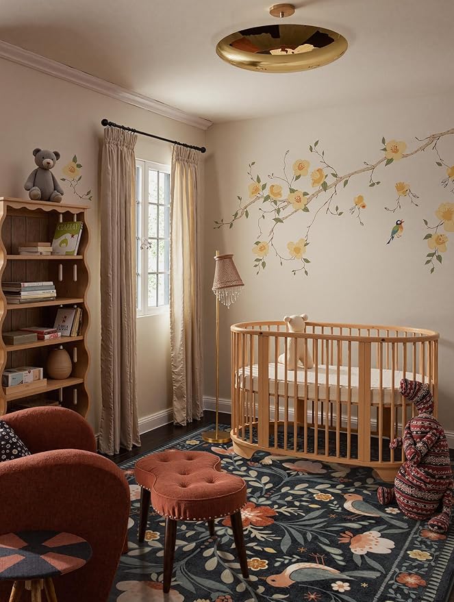 Moynesa Boho Bird 5x7 Area Rugs for Living Room, Black Floral Living Room Rug 5x7 Washable Low-Pile Bedroom Rug Non Slip, Vintage Soft Jungle Animal Floor Carpet for Nursery Playroom