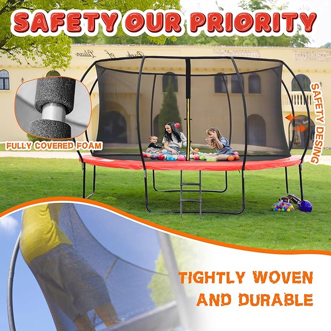 Trampoline 8FT 10FT 12FT 14FT 16FT, Recreational Trampolines with Enclosure Net and Ladder, Outdoor Anti-Rust Trampolines for Kids and Adults, ASTM Approved