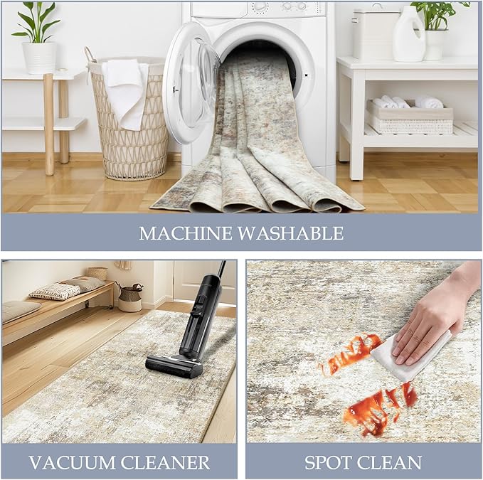 Washable Area Rugs 5'x7' Non-Slip Modern Abstract Soft for Living Room Entryway Bedroom Nursery, Print Pattern, Neutral Brown Gray