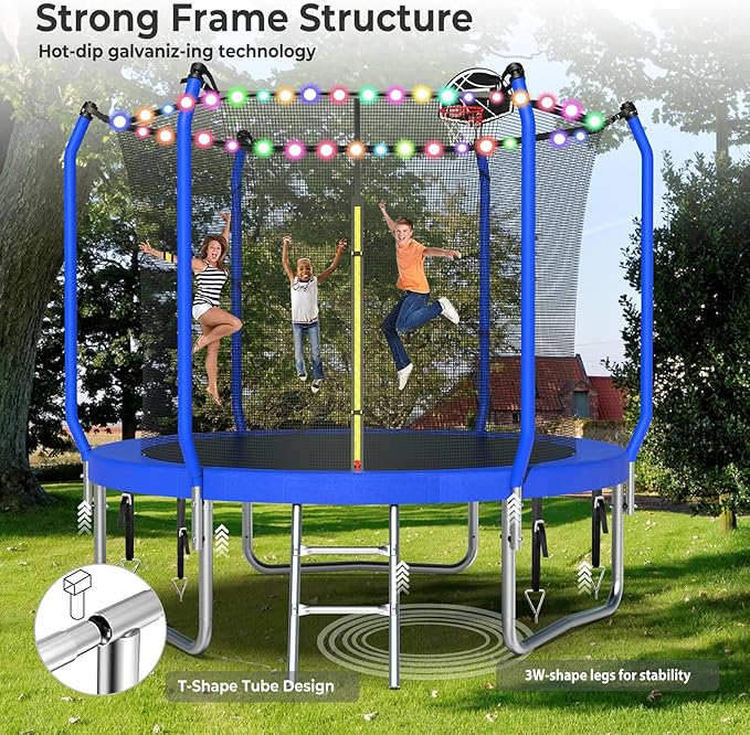 Upgraded Trampoline 8FT/10FT/12FT/14FT With Basketball Hoop, Light, Sprinkler, Stakes - Outdoor Backyard for 4-6 Kids and Adults